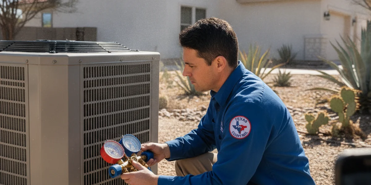 HVAC technician diagnosing an air conditioning unit in Austin
